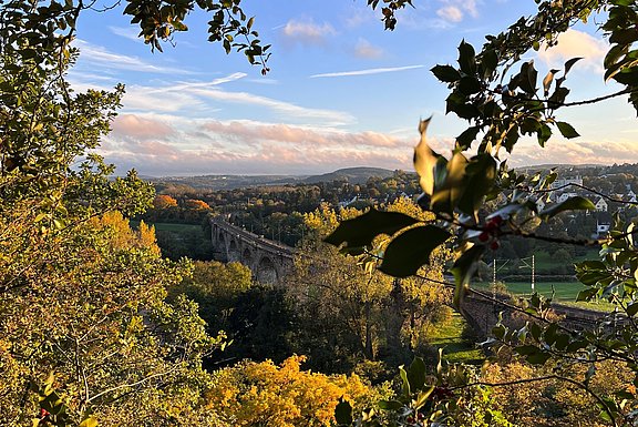 Blick auf das Ruhr-Viadukt in Witten (Foto: UW/H) Im Vordergrund sind Blätter und Zweige eines Baumes, im Hintergrund liegt das Ruhrtal mit einem steinernen Viadukt.
